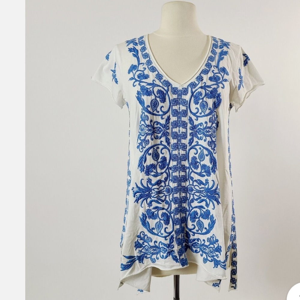 Johnny Was Embroidered Lei Lei Peasant Tunic Blouse SMALL Porcelain Paisley